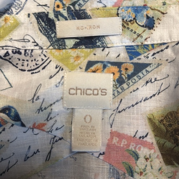 Chico's No-Iron Butterfly Stamp Travel 100 % Linen Button Down 3/4 Sleeve Shirt - Picture 4 of 8